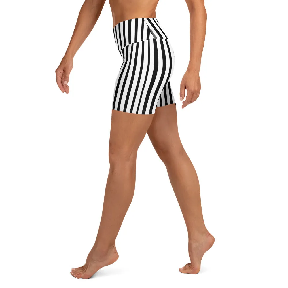Black Striped Yoga Shorts, White Vertical Stripe Print Shorts For Women- Made in USA/ EU