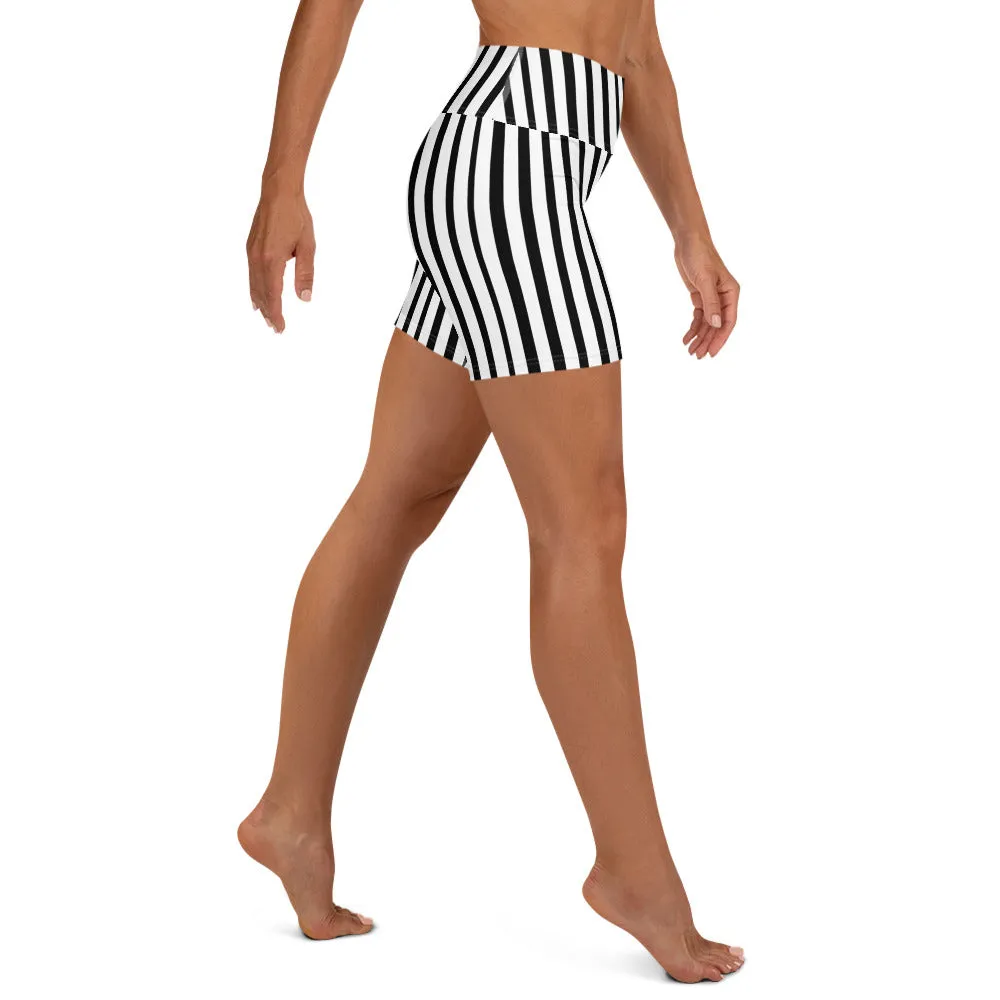 Black Striped Yoga Shorts, White Vertical Stripe Print Shorts For Women- Made in USA/ EU