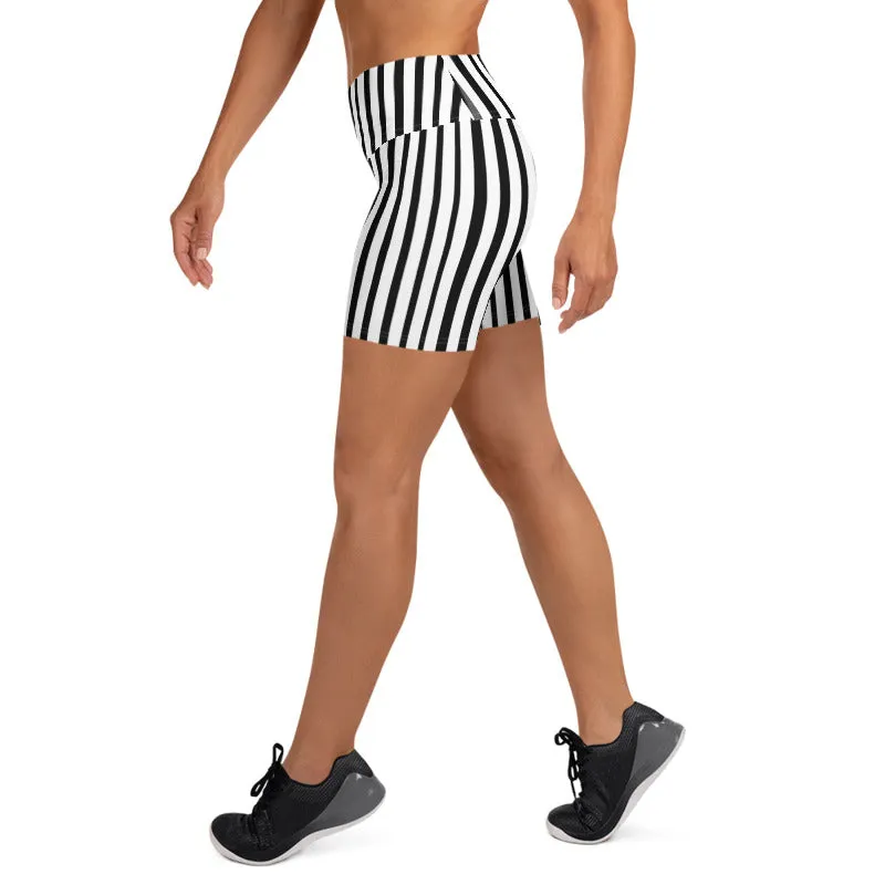 Black Striped Yoga Shorts, White Vertical Stripe Print Shorts For Women- Made in USA/ EU
