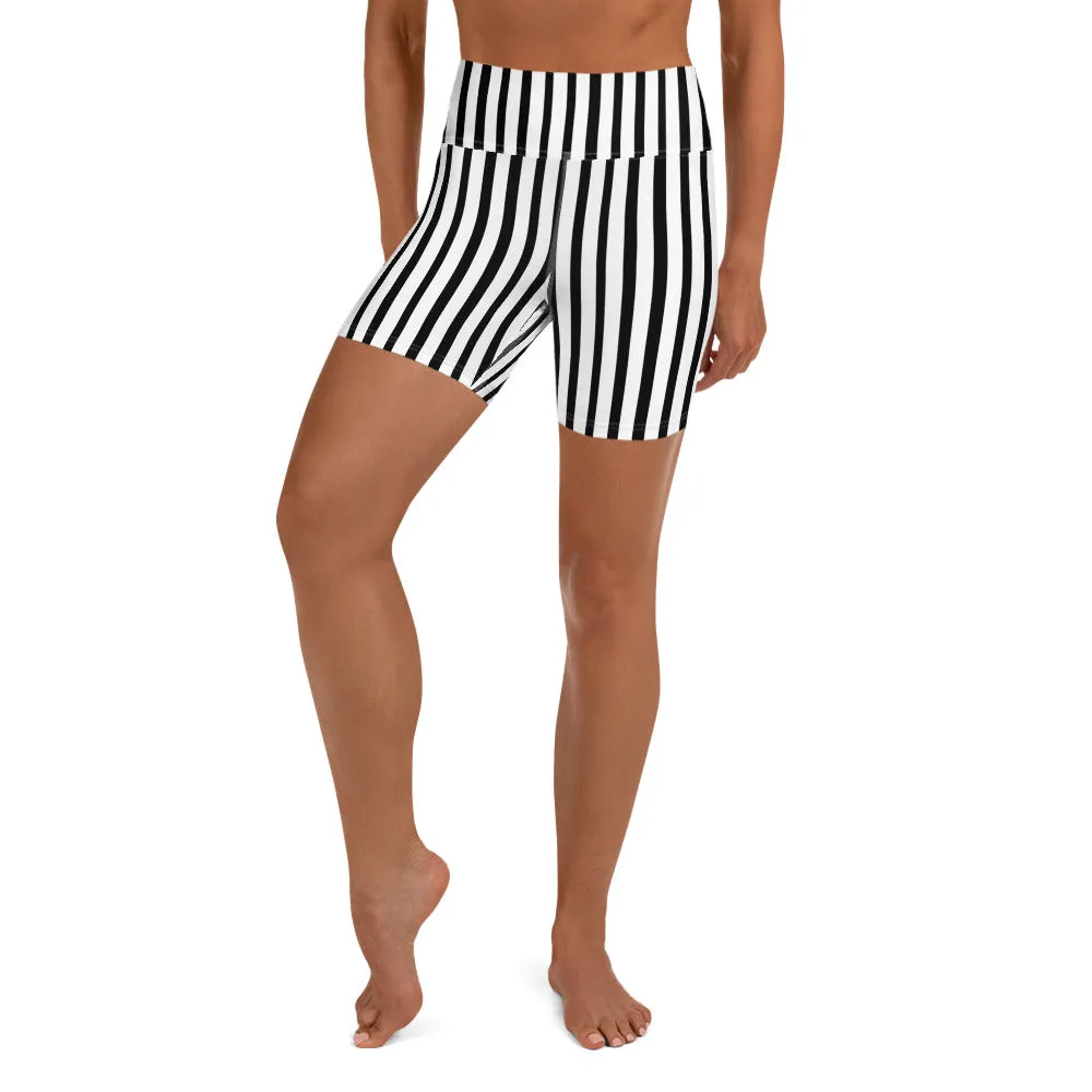 Black Striped Yoga Shorts, White Vertical Stripe Print Shorts For Women- Made in USA/ EU