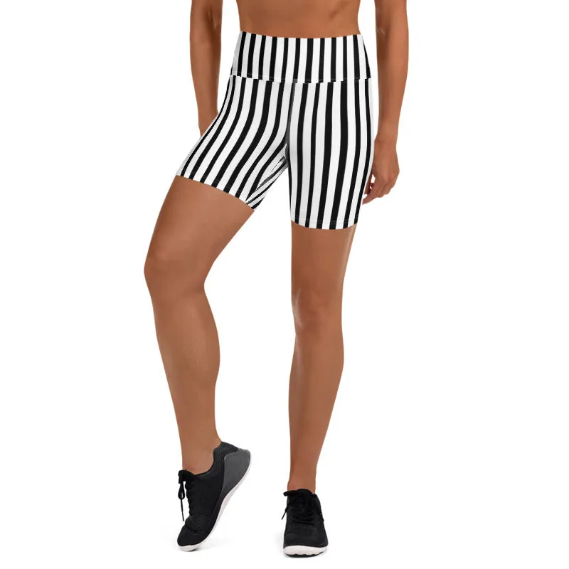 Black Striped Yoga Shorts, White Vertical Stripe Print Shorts For Women- Made in USA/ EU