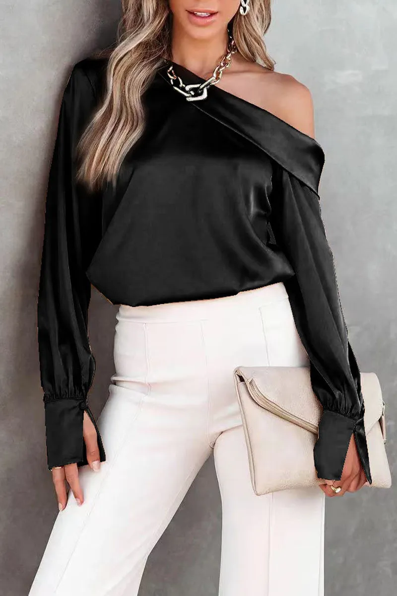 Casual Elegant Solid Patch Solid Color Oblique Collar Tops