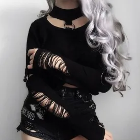 Gothic Hollow Out Slim Fit  Crop Top Long Sleeve