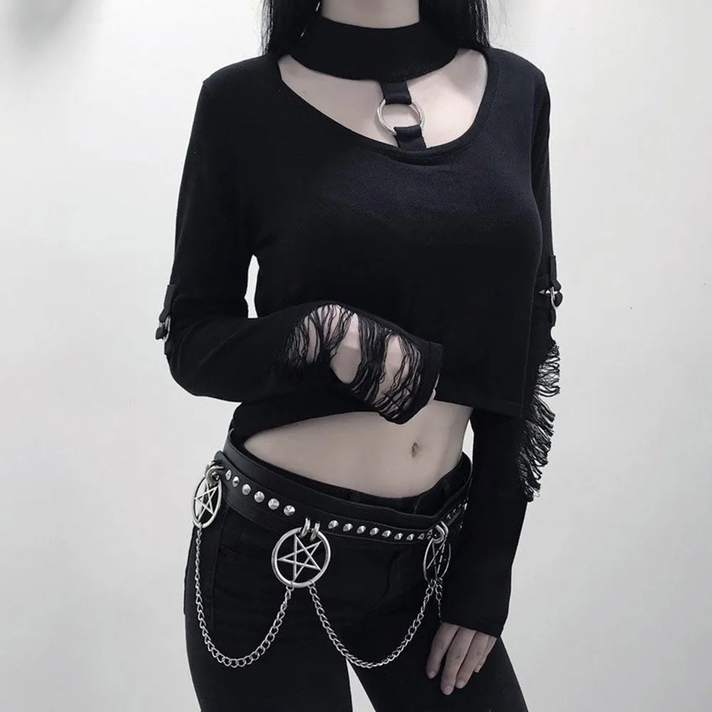 Gothic Hollow Out Slim Fit  Crop Top Long Sleeve