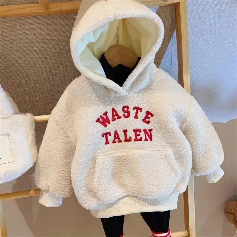 Hooded Sweatshirt for Girls Winter Clothing Plus Velvet and Thick Polar Fleece Fashionable Letter Print Tops Outer Wear Casual