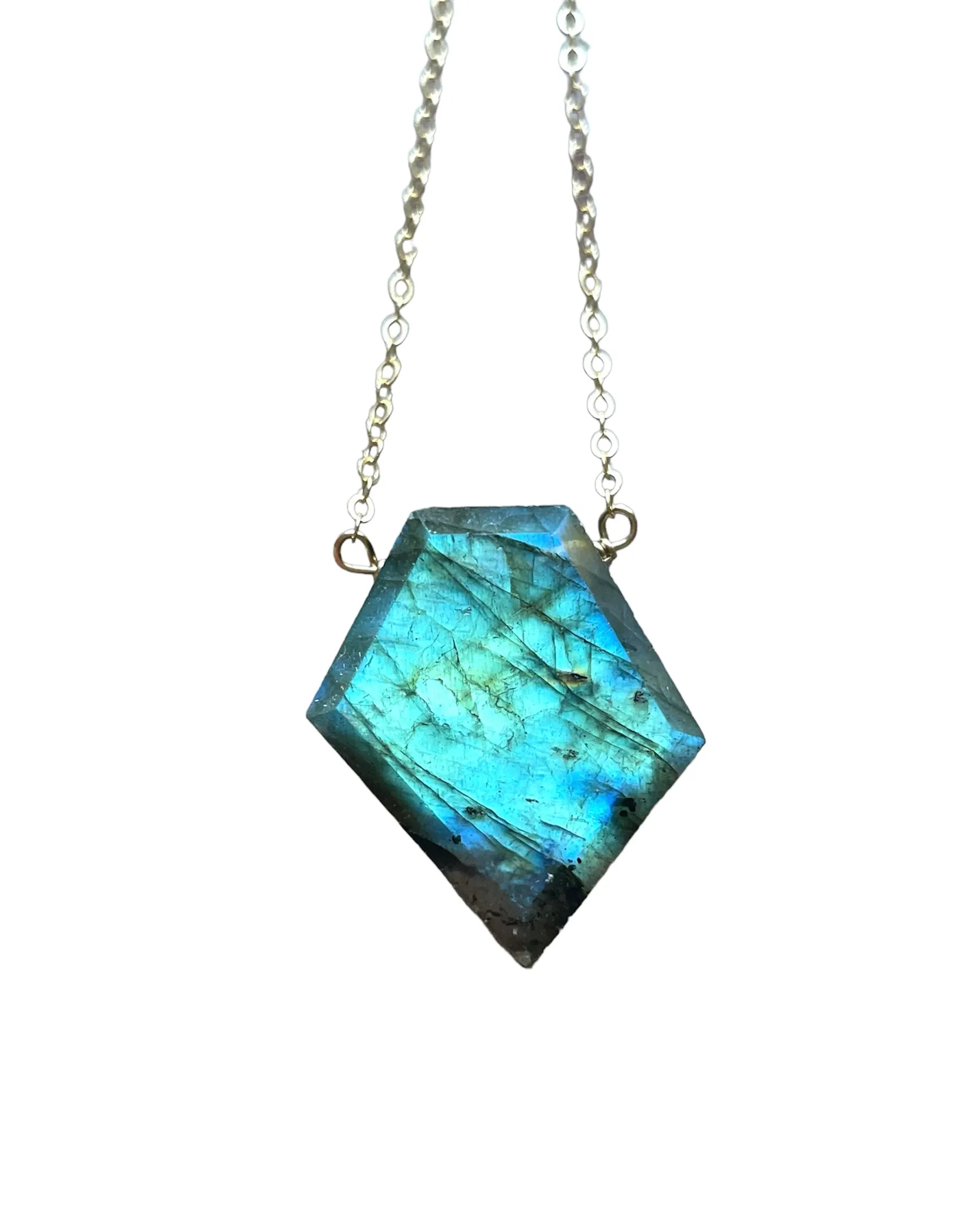 Large Labradorite shield necklace on Gold Fill