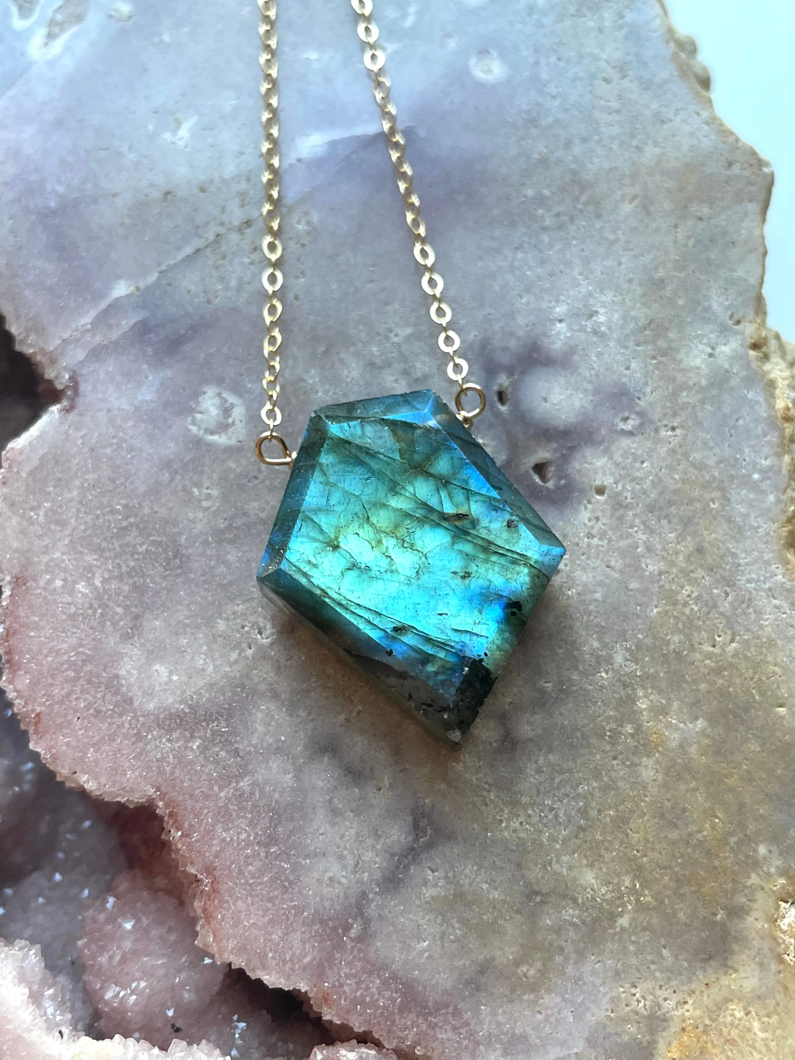 Large Labradorite shield necklace on Gold Fill