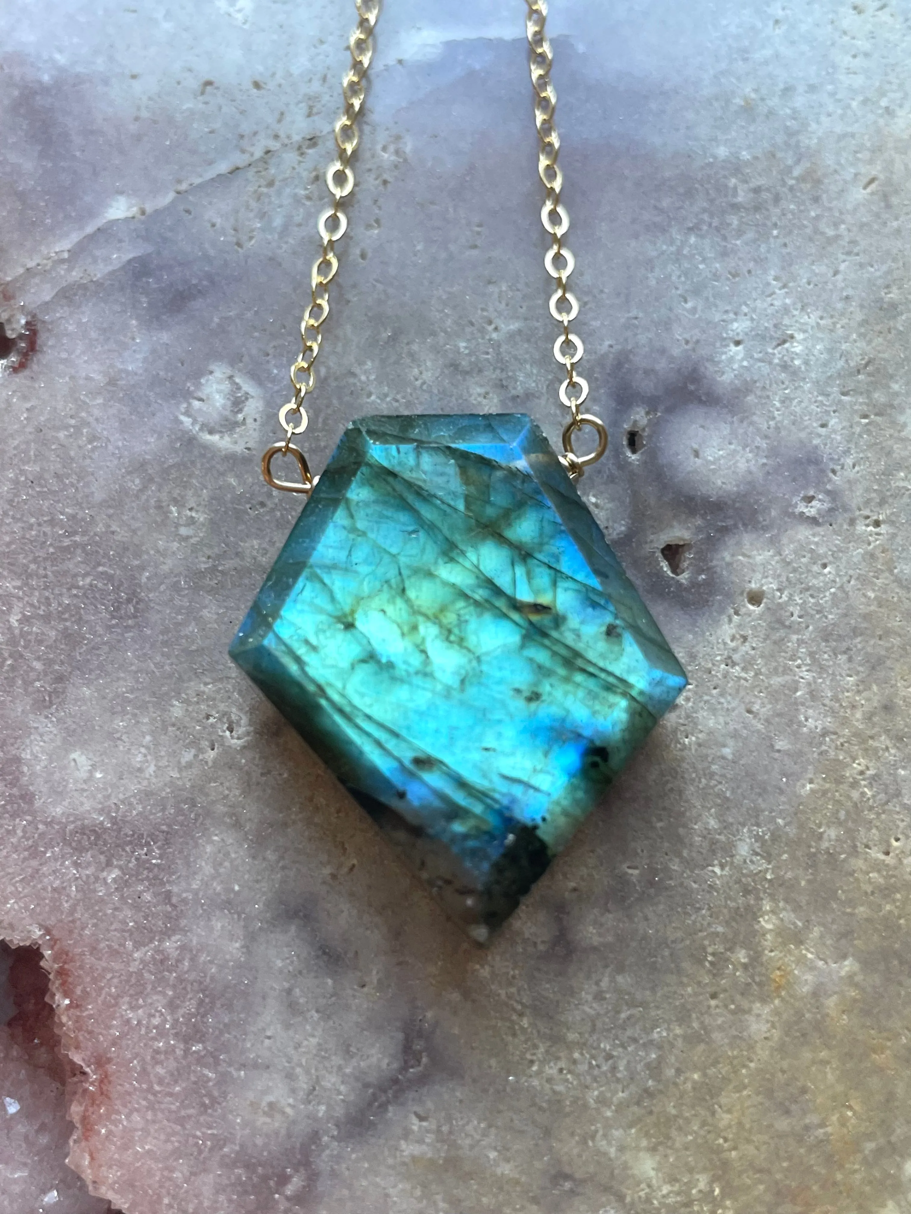 Large Labradorite shield necklace on Gold Fill
