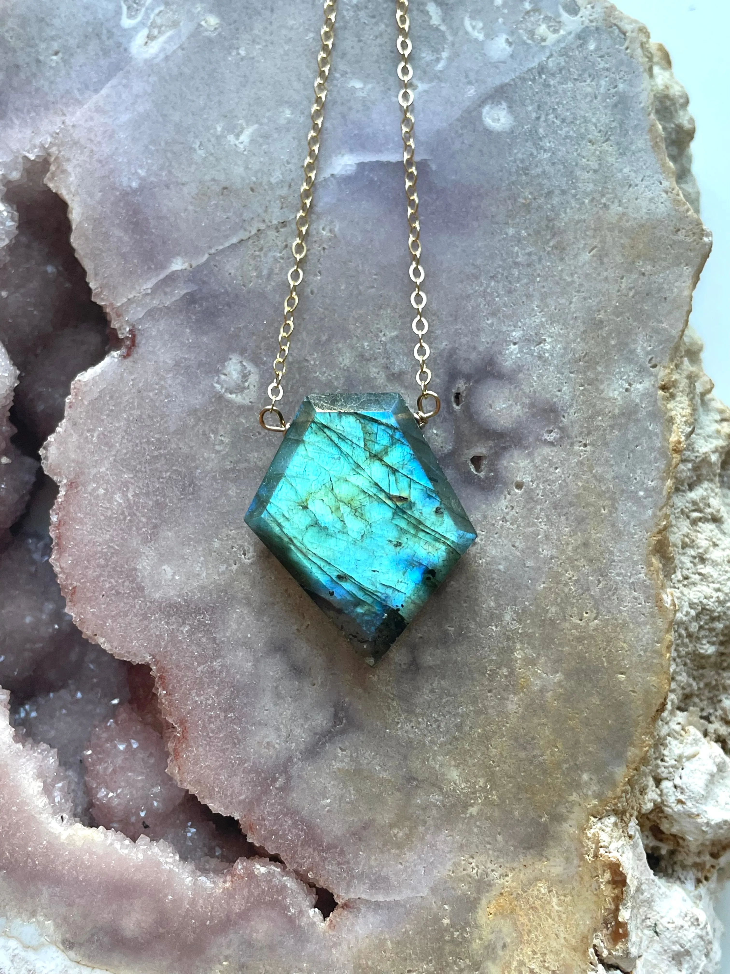 Large Labradorite shield necklace on Gold Fill