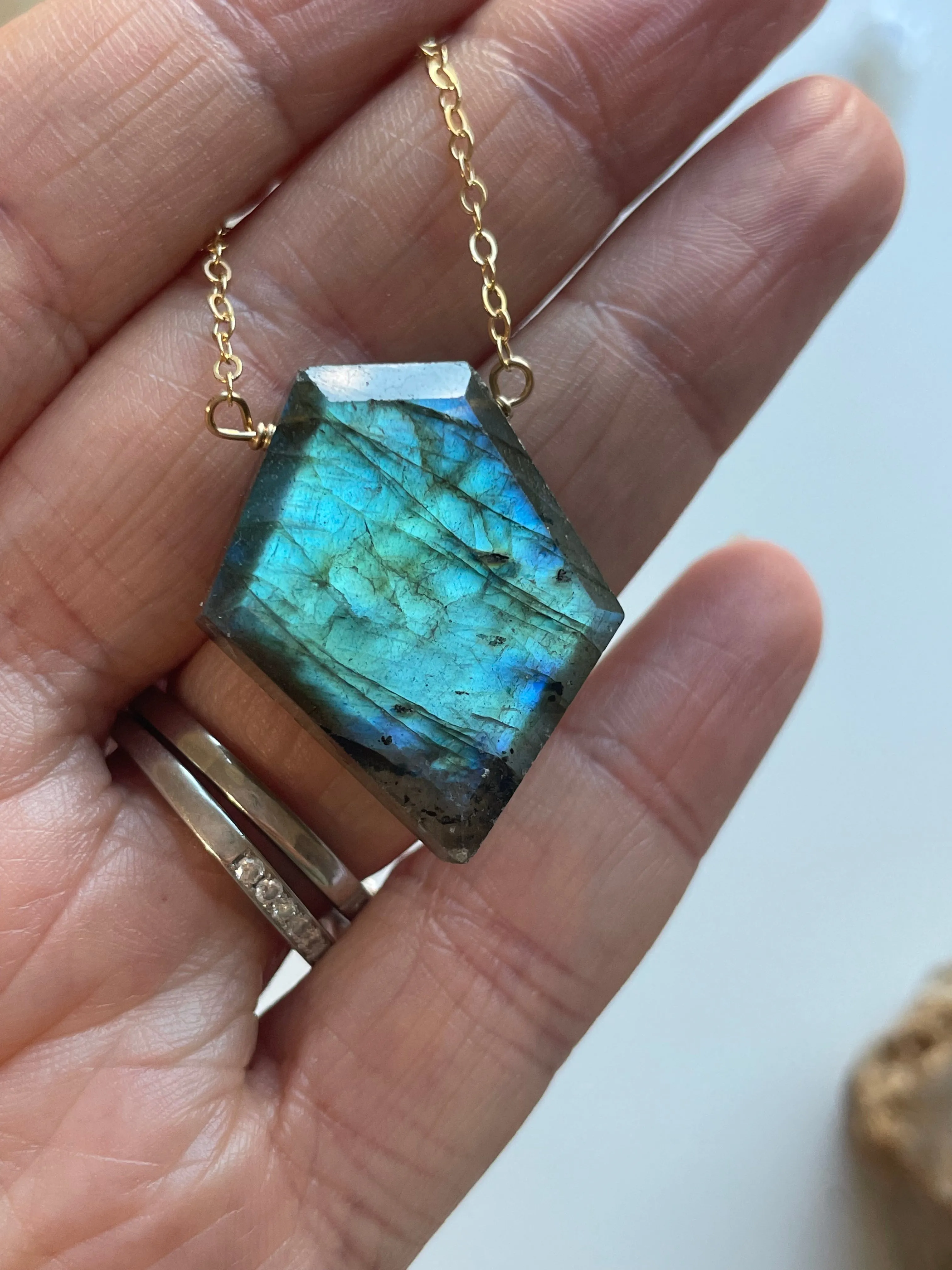 Large Labradorite shield necklace on Gold Fill