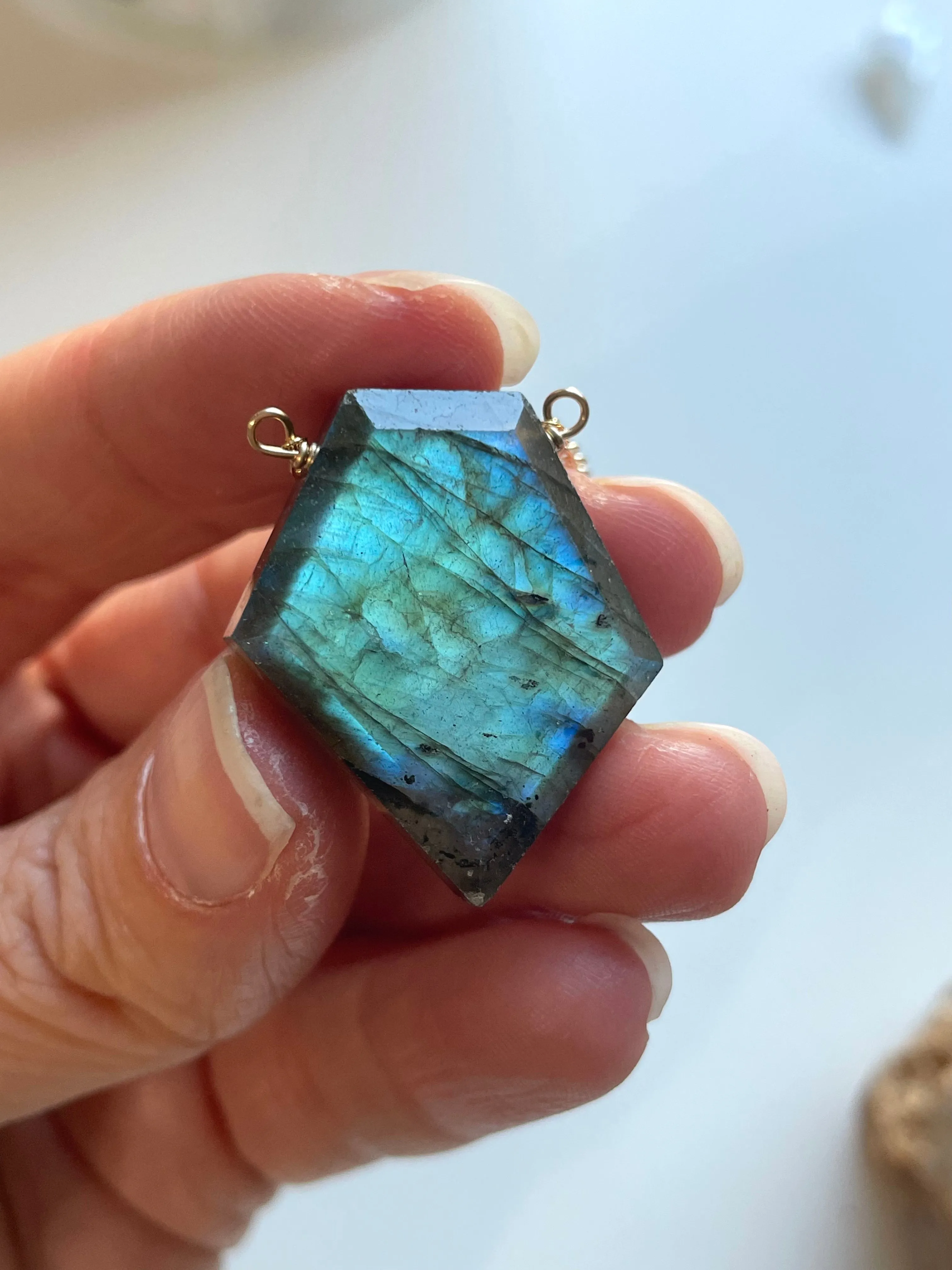 Large Labradorite shield necklace on Gold Fill