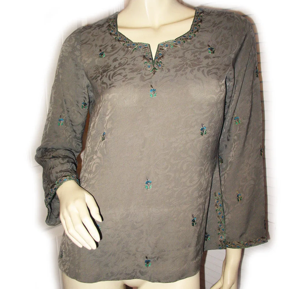 NEW Womens Tops OLIVE GREEN Gold Embroidery BELL LONG SLEEVE TOP Asian Indian Style Clothes Clothing Medium