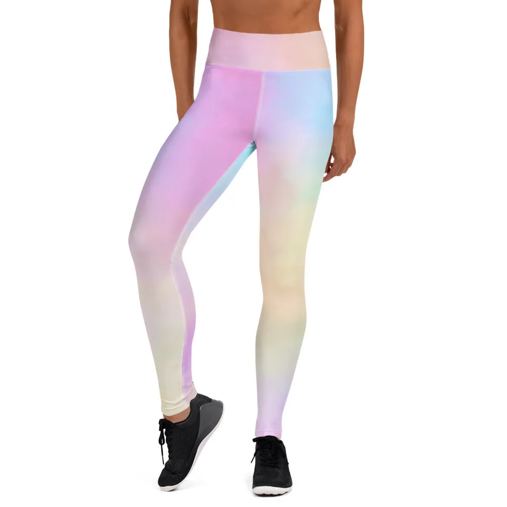 Pink Abstract Yoga Leggings, Unicorn Pastel Light Pink Blue Women's Long Tights-Made in USA/EU