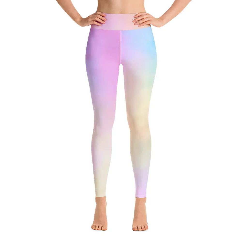 Pink Abstract Yoga Leggings, Unicorn Pastel Light Pink Blue Women's Long Tights-Made in USA/EU