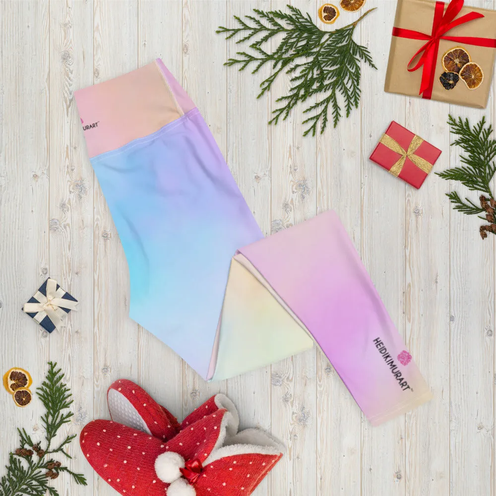 Pink Abstract Yoga Leggings, Unicorn Pastel Light Pink Blue Women's Long Tights-Made in USA/EU