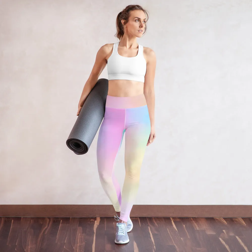 Pink Abstract Yoga Leggings, Unicorn Pastel Light Pink Blue Women's Long Tights-Made in USA/EU