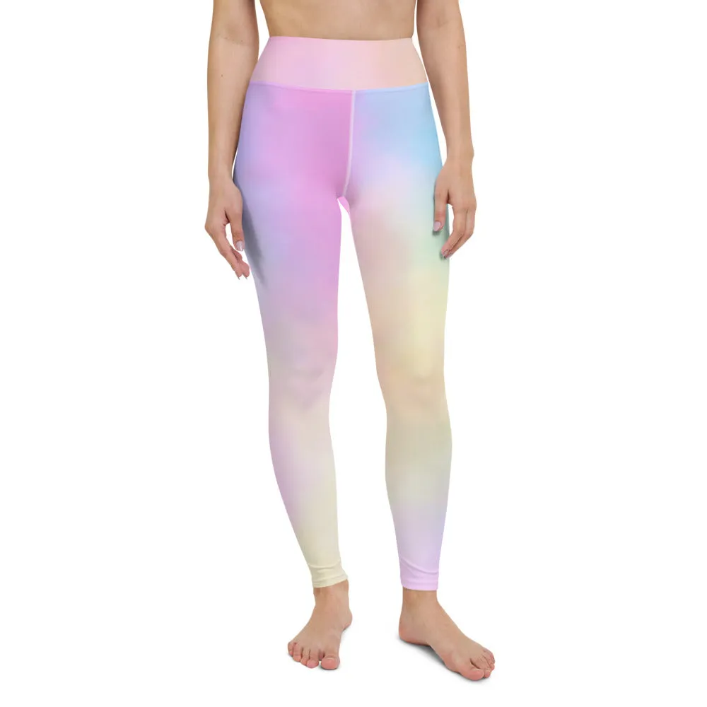Pink Abstract Yoga Leggings, Unicorn Pastel Light Pink Blue Women's Long Tights-Made in USA/EU