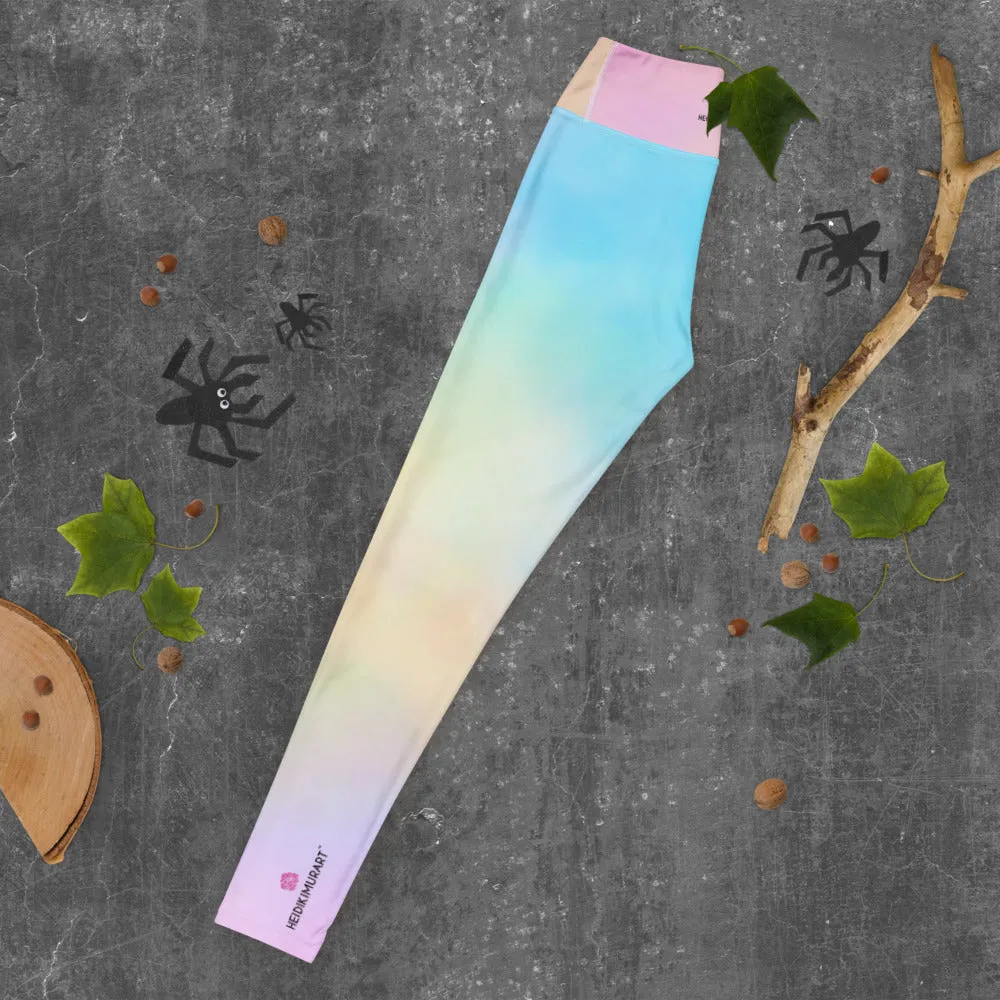 Pink Abstract Yoga Leggings, Unicorn Pastel Light Pink Blue Women's Long Tights-Made in USA/EU
