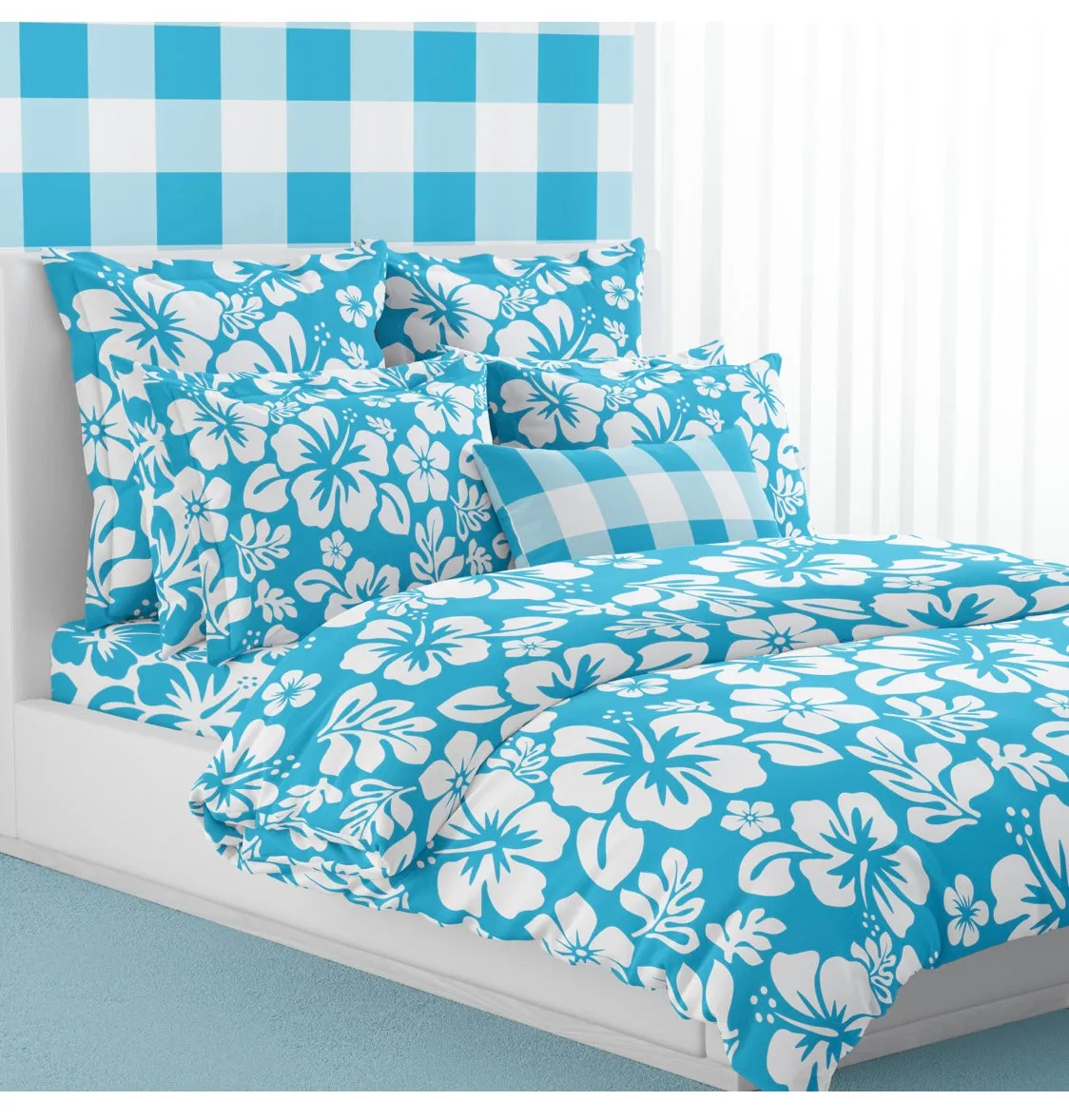 Preppy Surfer Aqua Blue Gingham Lumbar Throw Pillow