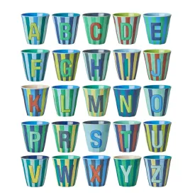 RICE - MELAMINE ALPHABET CUP  MULTI-COLOURED BLUE STRIPES