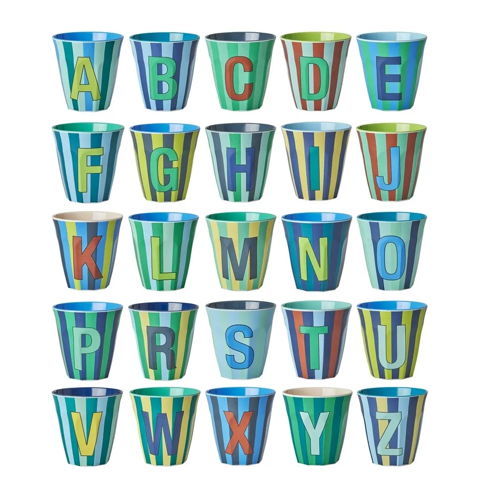 RICE - MELAMINE ALPHABET CUP  MULTI-COLOURED BLUE STRIPES