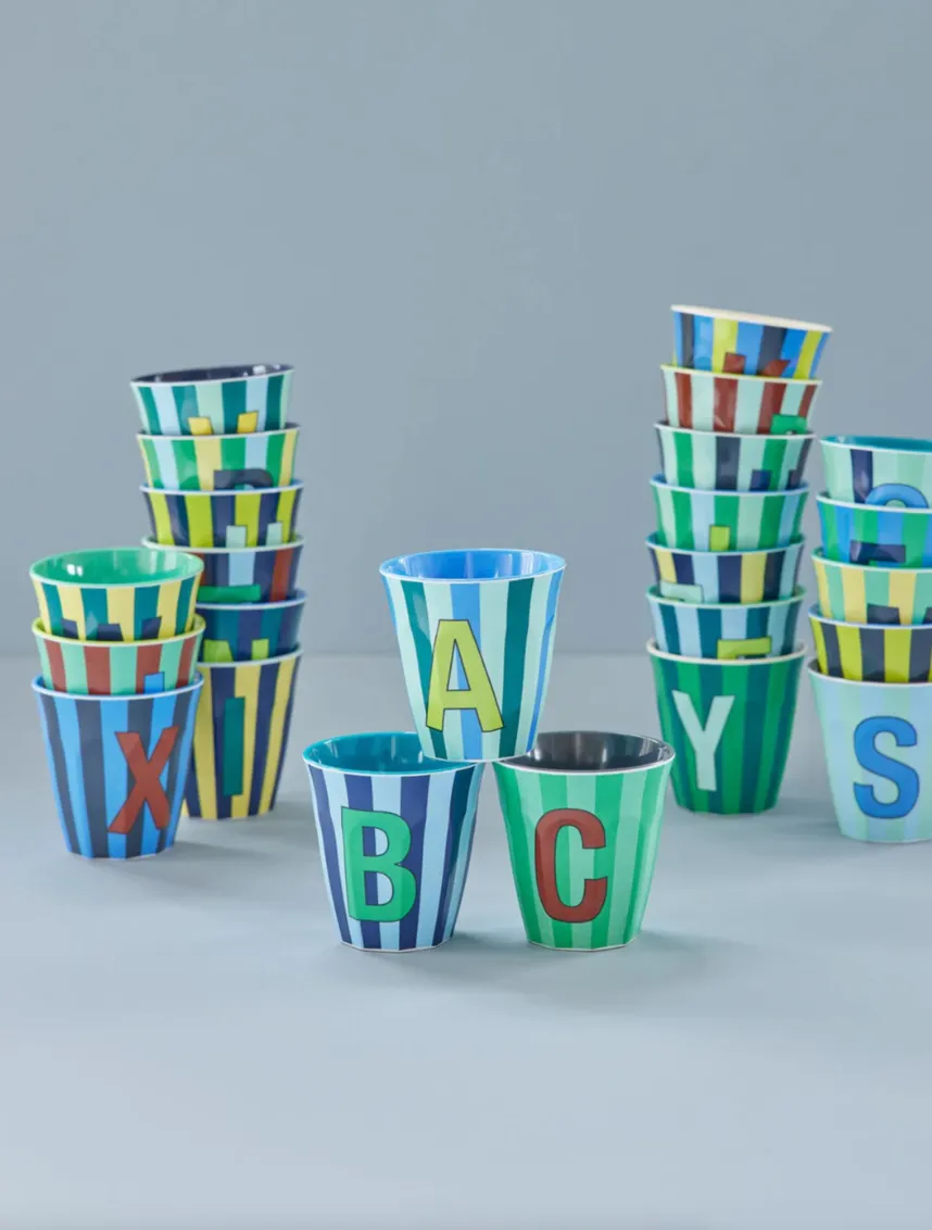 RICE - MELAMINE ALPHABET CUP  MULTI-COLOURED BLUE STRIPES