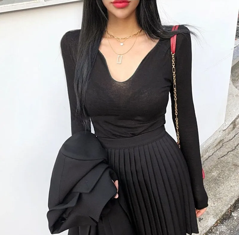 Summer Sexy Korean Style Skinny Long Sleeve Tops