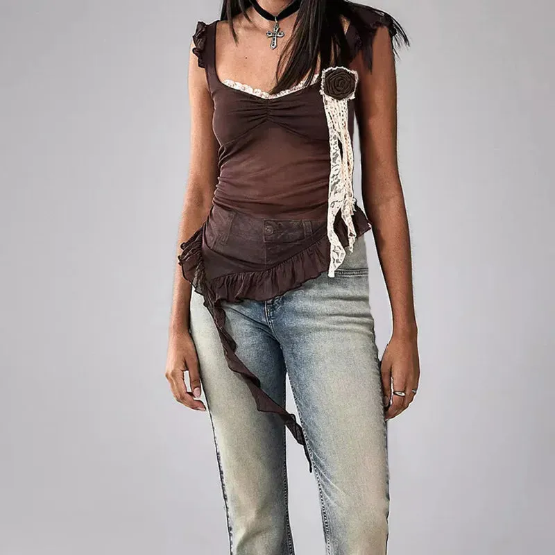 Vestido Patchwork Party Mesh Sleeveless TRAUXY Flower Side Female See Through Crop Sexy 3D Slim Fungus Fashion Club Top